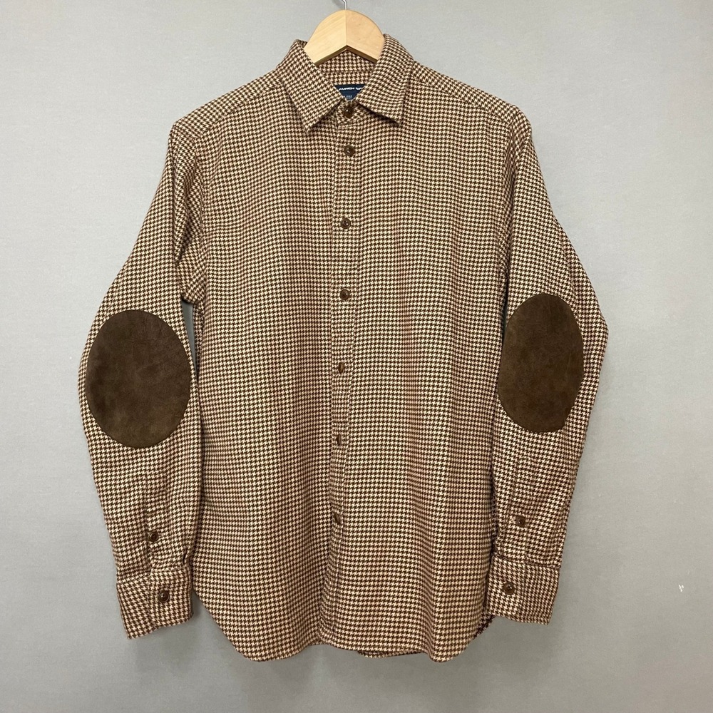 Ralph Lauren Sport Houndstooth Shirt Elbow Patches Brown Tan Women Size 8 Cotton
